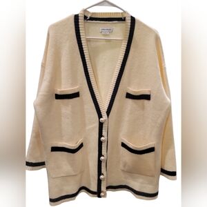 Elegant Cream Cardigan with Navy Trim